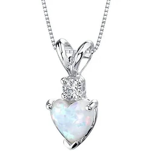 14 Karat White Gold Heart Shape Created Opal Diamond Pendant 14 Karat White Gold Heart Shape Created Opal Diamond Pendant