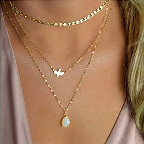 Anglacesmade Bohemia Layered Choker Necklace Gold Disc Choker Dove Necklace Gemstone Necklace Pigeon Gem Charm Pendant Necklace Peace Jewelry for Women and Girls