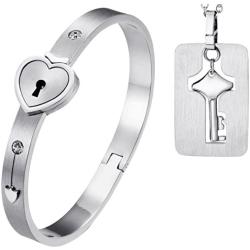 OIDEA His Hers Love Heart Key Lock Macthing Bangle Bracelet Tag Pendat Necklace for Valentines Day Gifts,Silver,Roseold