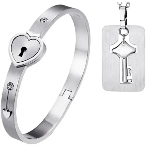 OIDEA His Hers Love Heart Key Lock Macthing Bangle Bracelet Tag Pendat Necklace for Valentines Day Gifts,Silver,Roseold