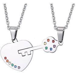 HUANIAN Stainless Steel Key to Heart Rainbow Crystal Couple Pendant Necklace for Gay & Lesbian Pride Promise