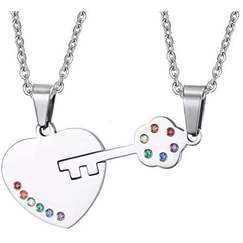 HUANIAN Stainless Steel Key to Heart Rainbow Crystal Couple Pendant Necklace for Gay & Lesbian Pride Promise