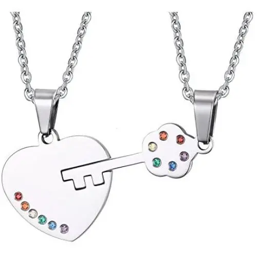 HUANIAN Stainless Steel Key to Heart Rainbow Crystal Couple Pendant Necklace for Gay & Lesbian Pride Promise HUANIAN Stainless Steel Key to Heart Rainbow Crystal Couple Pendant Necklace for Gay & Lesbian Pride Promise