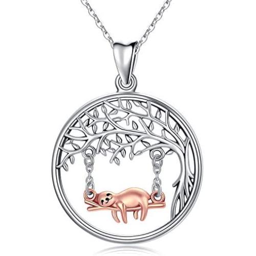TRISHULA Sloth Necklace 925 Sterling Silver Cute Animal Sloth on Tree of Life Charm Pendant Jewelry Gifts for Sloth Lovers
