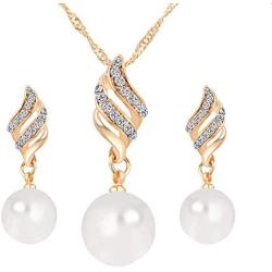 Fashion Love Heart and Faux Pearl Crystal Jewelry Set Gold Plated Water Drop Pendant Necklace and Stud Post Dangle Earrings for Women Ladies Gifts
