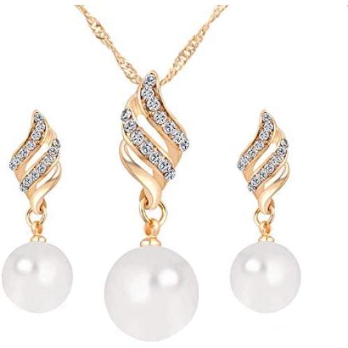 Fashion Love Heart and Faux Pearl Crystal Jewelry Set Gold Plated Water Drop Pendant Necklace and Stud Post Dangle Earrings for Women Ladies Gifts