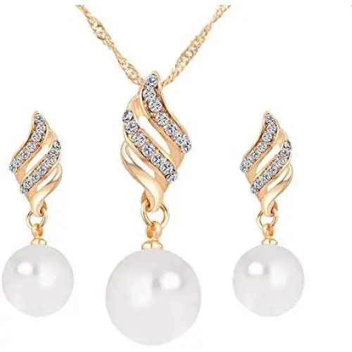 Fashion Love Heart and Faux Pearl Crystal Jewelry Set Gold Plated Water Drop Pendant Necklace and Stud Post Dangle Earrings for Women Ladies Gifts