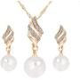Fashion Love Heart and Faux Pearl Crystal Jewelry Set Gold Plated Water Drop Pendant Necklace and Stud Post Dangle Earrings for Women Ladies Gifts