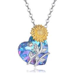 Sterling Silver Necklace Sunflower Heart Design for Women with Swarovski Crystals Beautiful Gift Jewelry for Wife and Mom and Girlfriend and Girls
