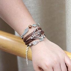 VONDER Handcrafted Harry Potter Bracelet, Antique Silver Harry Potter, Owls, Wings Charm Brown Leather Bracelet Wristband Jewelry Gift