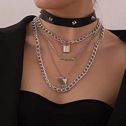 Bmadge Punk Leather Choker Necklace Layered Silver Lock and Key Pendant Chunky Chain Necklaces Spike Letter Chain Jewelry for Women and Girls
