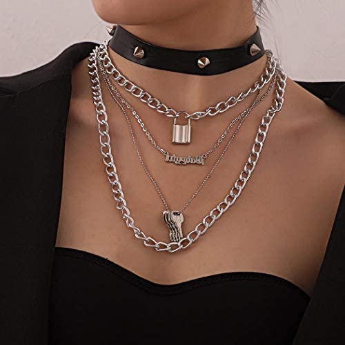 Bmadge Punk Leather Choker Necklace Layered Silver Lock and Key Pendant Chunky Chain Necklaces Spike Letter Chain Jewelry for Women and Girls