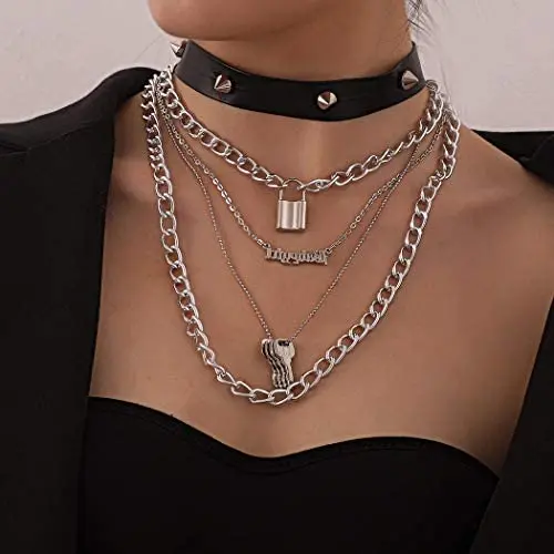 Bmadge Punk Leather Choker Necklace Layered Silver Lock and Key Pendant Chunky Chain Necklaces Spike Letter Chain Jewelry for Women and Girls Bmadge Punk Leather Choker Necklace Layered Silver Lock and Key Pendant Chunky Chain Necklaces Spike Letter Chain Jewelry for Women and Girls