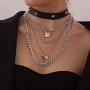 Bmadge Punk Leather Choker Necklace Layered Silver Lock and Key Pendant Chunky Chain Necklaces Spike Letter Chain Jewelry for Women and Girls
