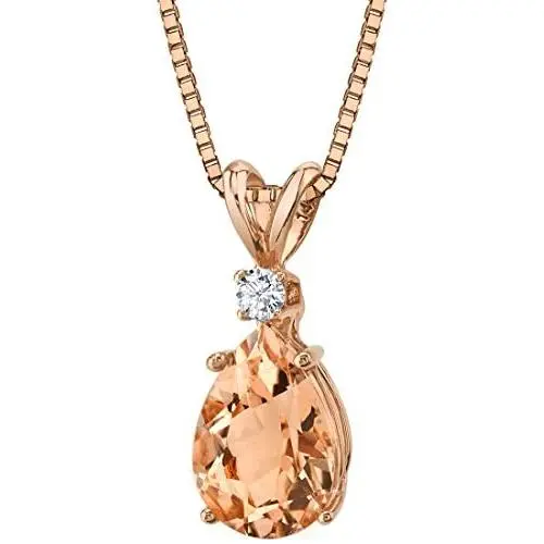 Peora Morganite with Genuine Diamond Pendant in 14K Rose Gold, Elegant Teardrop Solitaire, Pear Shape, 10x7mm, 1.80 Carats total Peora Morganite with Genuine Diamond Pendant in 14K Rose Gold, Elegant Teardrop Solitaire, Pear Shape, 10x7mm, 1.80 Carats total