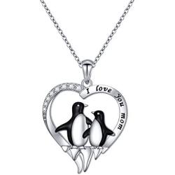 FLYOW S925 Sterling Silver Cute Animal Penguin Heart Pendant Mother Child I Love You Mom Penguin Necklace Jewelry Birthday Gifts for Women
