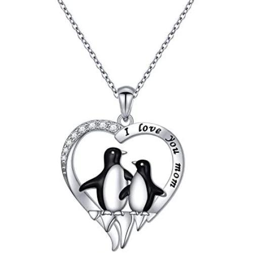 FLYOW S925 Sterling Silver Cute Animal Penguin Heart Pendant Mother Child I Love You Mom Penguin Necklace Jewelry Birthday Gifts for Women