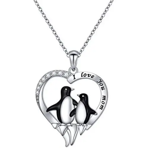 FLYOW S925 Sterling Silver Cute Animal Penguin Heart Pendant Mother Child I Love You Mom Penguin Necklace Jewelry Birthday Gifts for Women FLYOW S925 Sterling Silver Cute Animal Penguin Heart Pendant Mother Child I Love You Mom Penguin Necklace Jewelry Birthday Gifts for Women