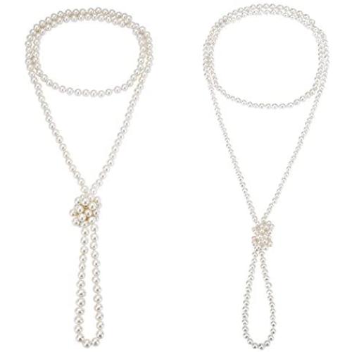 1920s Created Pearl Long Necklace Flapper Beads Necklace for Women 2 Pcs 6mm 8mm