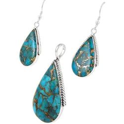 Genuine Turquoise Necklace Earrings Pendant Set in 925 Sterling Silver (24'' Length)