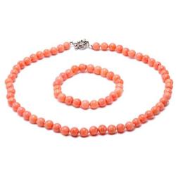 JYXJEWELRY Women Pink Coral Necklace Bracelet AAA Round Coral Beads Necklace and Stretch Bracelet Set