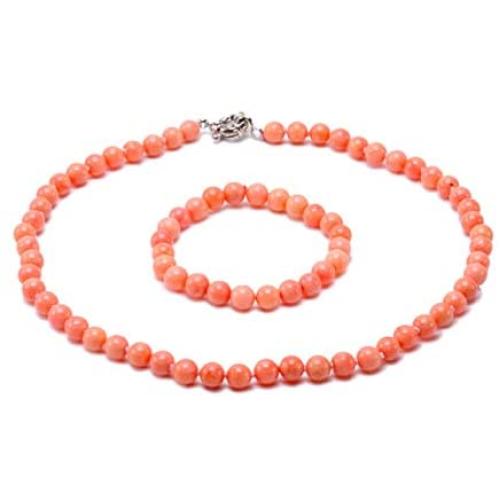 JYXJEWELRY Women Pink Coral Necklace Bracelet AAA Round Coral Beads Necklace and Stretch Bracelet Set