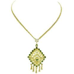 Siwalai Thai Traditional Gold Plated Light Peridot Color Crystals Necklace Earrings Jewelry Set 24 Inches