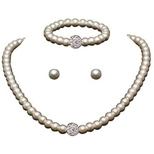 Faux Pearl Choker Necklace For Women, White Simulated Shell Pearl Bracelet Stud Earring Necklaces Sets Teen Girls, Crystal Ball Wedding Brides Jewelry