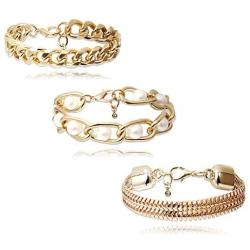 Metal Chain Bracelet Set, 3PC Gold Hip Hop Bracelet, Creative Pearl Inlaid Bracelet, Adjustable Metal Bracelets for Women and Girl
