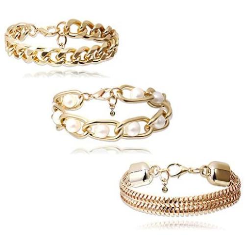 Metal Chain Bracelet Set, 3PC Gold Hip Hop Bracelet, Creative Pearl Inlaid Bracelet, Adjustable Metal Bracelets for Women and Girl