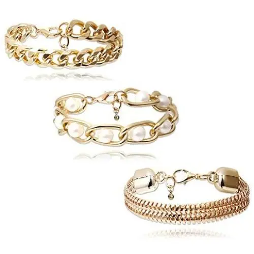 Metal Chain Bracelet Set, 3PC Gold Hip Hop Bracelet, Creative Pearl Inlaid Bracelet, Adjustable Metal Bracelets for Women and Girl Metal Chain Bracelet Set, 3PC Gold Hip Hop Bracelet, Creative Pearl Inlaid Bracelet, Adjustable Metal Bracelets for Women and Girl
