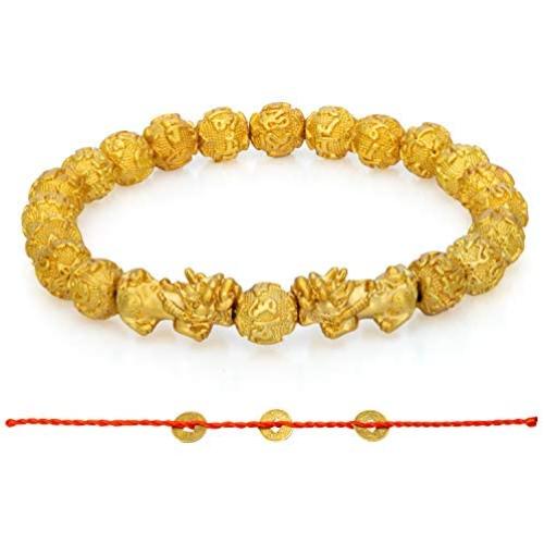 Prime Feng Shui Bracelet Prosperity Bling Golden Mantra Bead Bracelet with Double Pi Xiu/Pi Yao Attract Wealth and Good Luck Best Gift