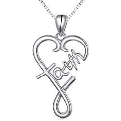 S925 Sterling Silver Word Calligraphy Jewelry Faith Inspirational Message Charm Love Heart Pendant Necklace For Women Girls Men Boys,18 inches