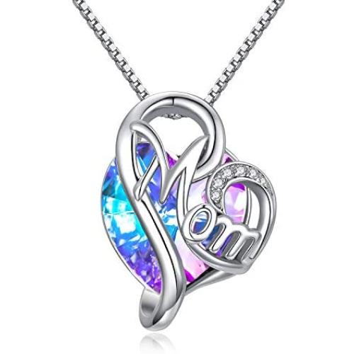 AOBOCO Mom Necklace 925 Sterling Silver with Crystals Mothers Christmas Birthday Jewelry Gifts