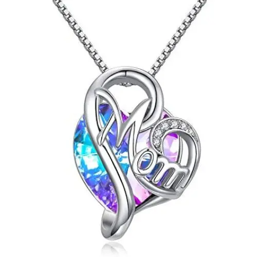 AOBOCO Mom Necklace 925 Sterling Silver with Crystals Mothers Christmas Birthday Jewelry Gifts