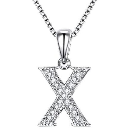 FANZE Womens 925 Sterling Silver Cubic Zirconia Initial Alphabet A-Z 26 Letters Pendant Necklace Birthday Gift