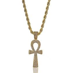 TOPGRILLZ 14K Gold Plated Iced Out Egyptian Religious Ankh Pendant Chain for Men and Women