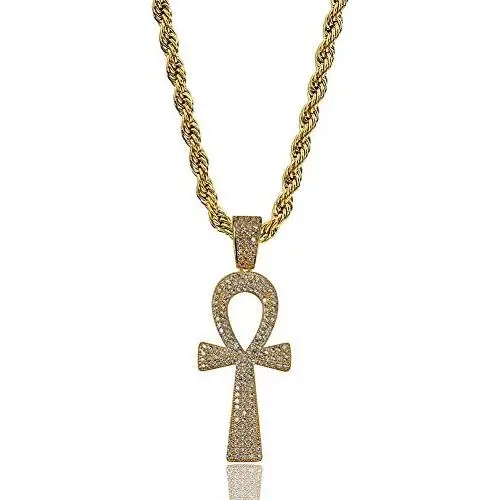TOPGRILLZ 14K Gold Plated Iced Out Egyptian Religious Ankh Pendant Chain for Men and Women TOPGRILLZ 14K Gold Plated Iced Out Egyptian Religious Ankh Pendant Chain for Men and Women