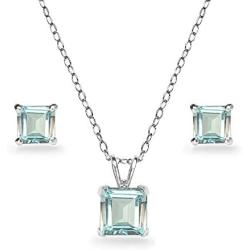 Sterling Silver Genuine or Simulated Gemstone Square Solitaire Necklace and Stud Earrings Set