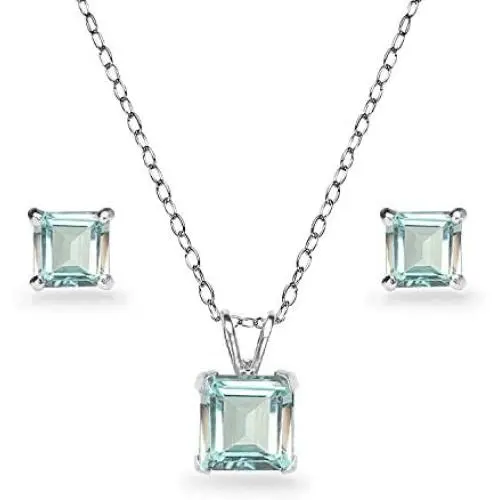 Sterling Silver Genuine or Simulated Gemstone Square Solitaire Necklace and Stud Earrings Set Sterling Silver Genuine or Simulated Gemstone Square Solitaire Necklace and Stud Earrings Set