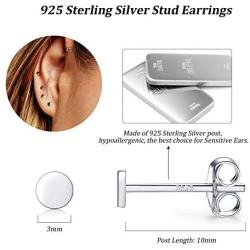 Sterling Silver Stud Earrings for Women Men Girls, 3 Pairs Tiny Flat Dot Earrings Set | Small Round Disc Stud Earrings Dainty Cartilage Tragus Circle Triangle Earrings(Silver/Gold/Rose Gold)