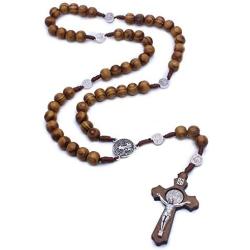 LH1028 Catholic Rosary Round Wooden Bead Handmade Line Christian Vintage Cross Ornament Rosary Necklace