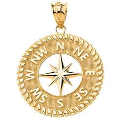 Certified 14k Gold Nautical Navigation Compass North Star Starburst Pendant