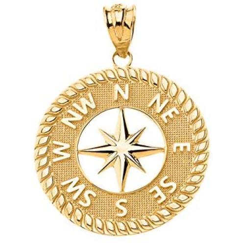 Certified 14k Gold Nautical Navigation Compass North Star Starburst Pendant