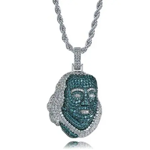 JINAO 18K White Gold Plated Iced Out Cubic Zirconia Blueface Pendant Necklace with Rope Chain JINAO 18K White Gold Plated Iced Out Cubic Zirconia Blueface Pendant Necklace with Rope Chain