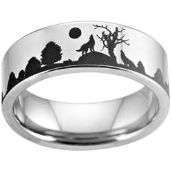 Cloud Dancer 8MM Width Silver Pipe Howling Wolf Wolves Landscape Scene Tungsten Ring Flat Polished Finish-Free Engraving Inside Sizes 4 to 17