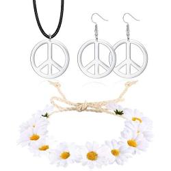 JOERICA Hippie Costume Set, Peace Sign Necklace, Peace Sign Earrings, Flower Crown Headband, 1960s 1970s Hippie Jewelry Accessories for Women