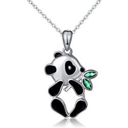 S925 Sterling Silver Lovely Panda Eat Bamboo Pendant Necklace