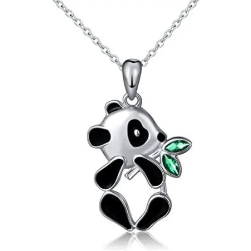 S925 Sterling Silver Lovely Panda Eat Bamboo Pendant Necklace