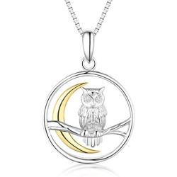 Bellrela 925 Sterling Silver Owl on The Branch Cresent Moon Pendant Necklace,18+2rolo Chain